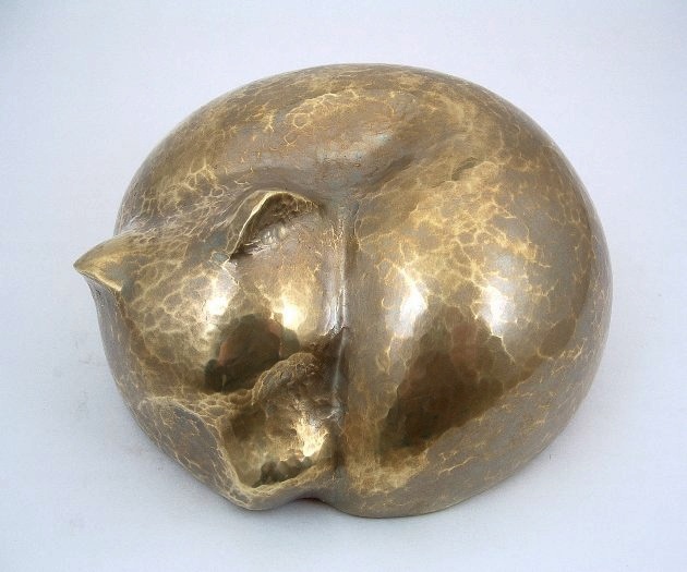 Handcrafted Brass Cat Sculpture Urn, Sculpture by Metalsmith Steve Shelby