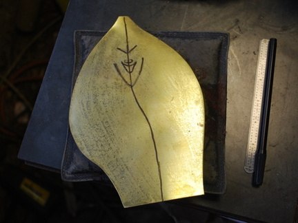 5. Having cut out the paper pattern, it was traced onto a sheet of 16 gauge brass and cut out.
