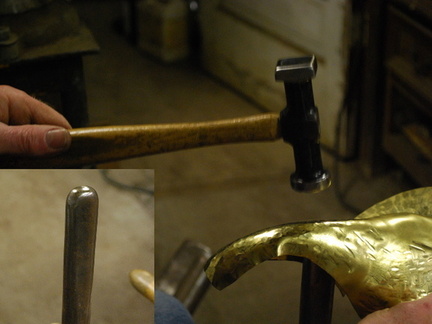 8. Using the stake shown in the inset to stretch the outer part of the curve of the trunk.