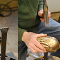 15. with the tool shown on the left side in the groove formed in the previous step, shaping the ear from the outside.