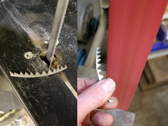 14. Making the two sets of teeth from nickel-silver bar, rough cut with the band saw, then refined some with the belt sander.