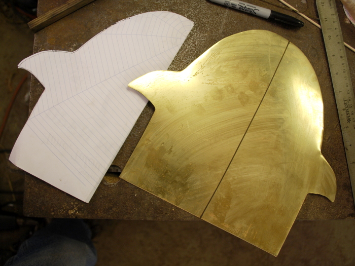 03. The pattern was trace on paper, then cut out and traced on 16 gauge brass sheet.